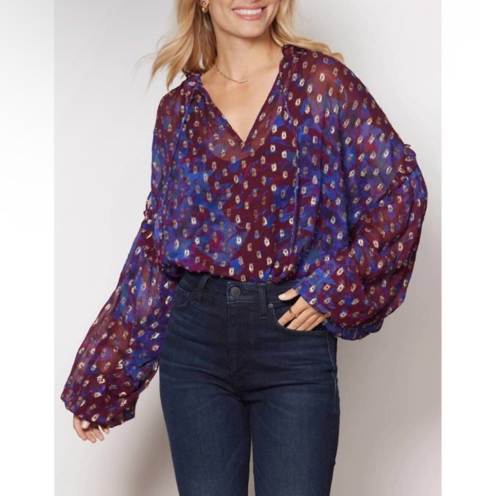 NWT Cleobella Dara blouse oversize confetti print ruffle blouson sleeve v neck
